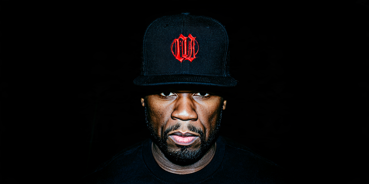 Dark editorial portrait of 50 Cent in a black cap, used for an article about his music and business career.