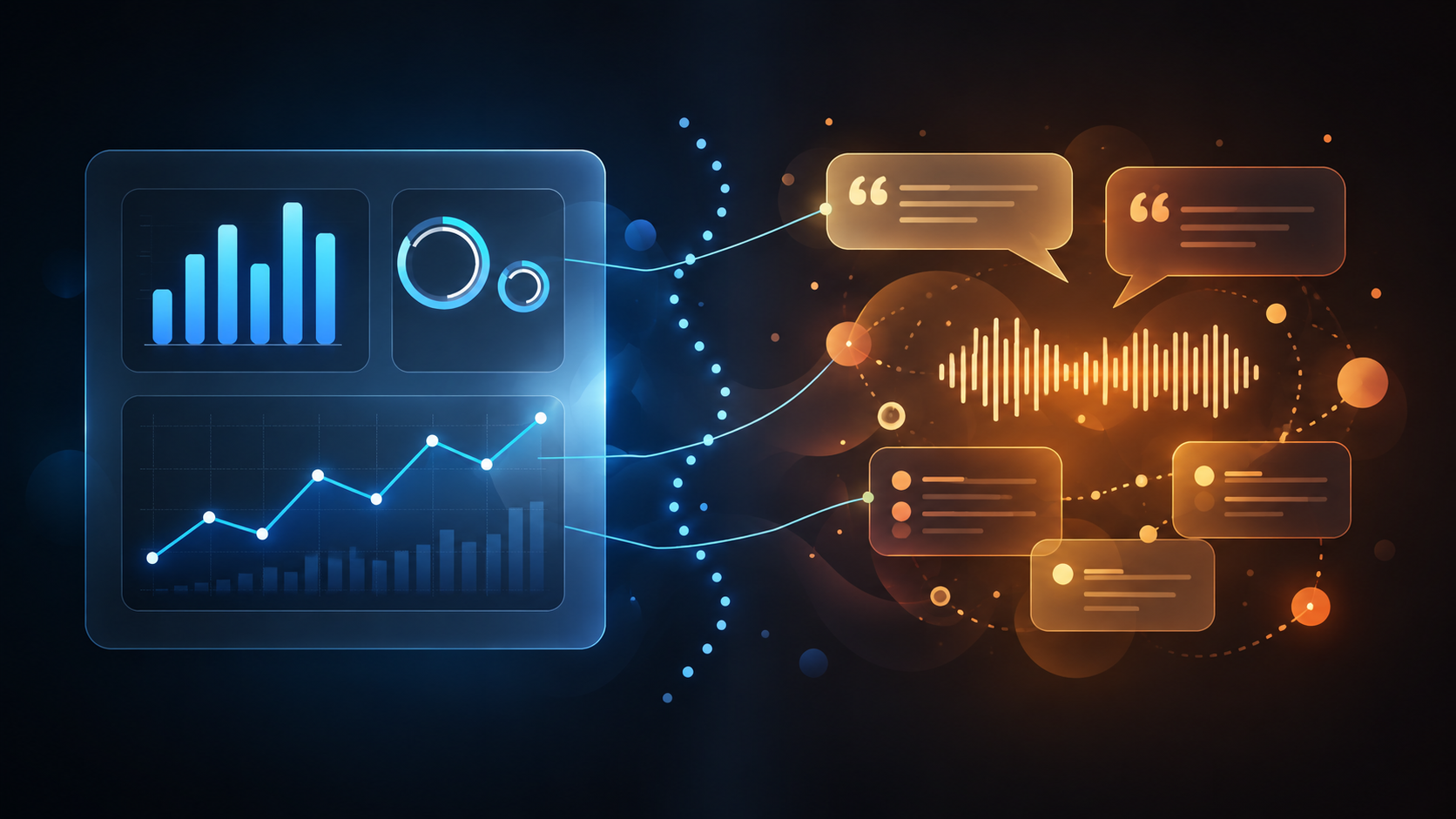 Illustration contrasting quantitative dashboards with qualitative customer insight and conversation