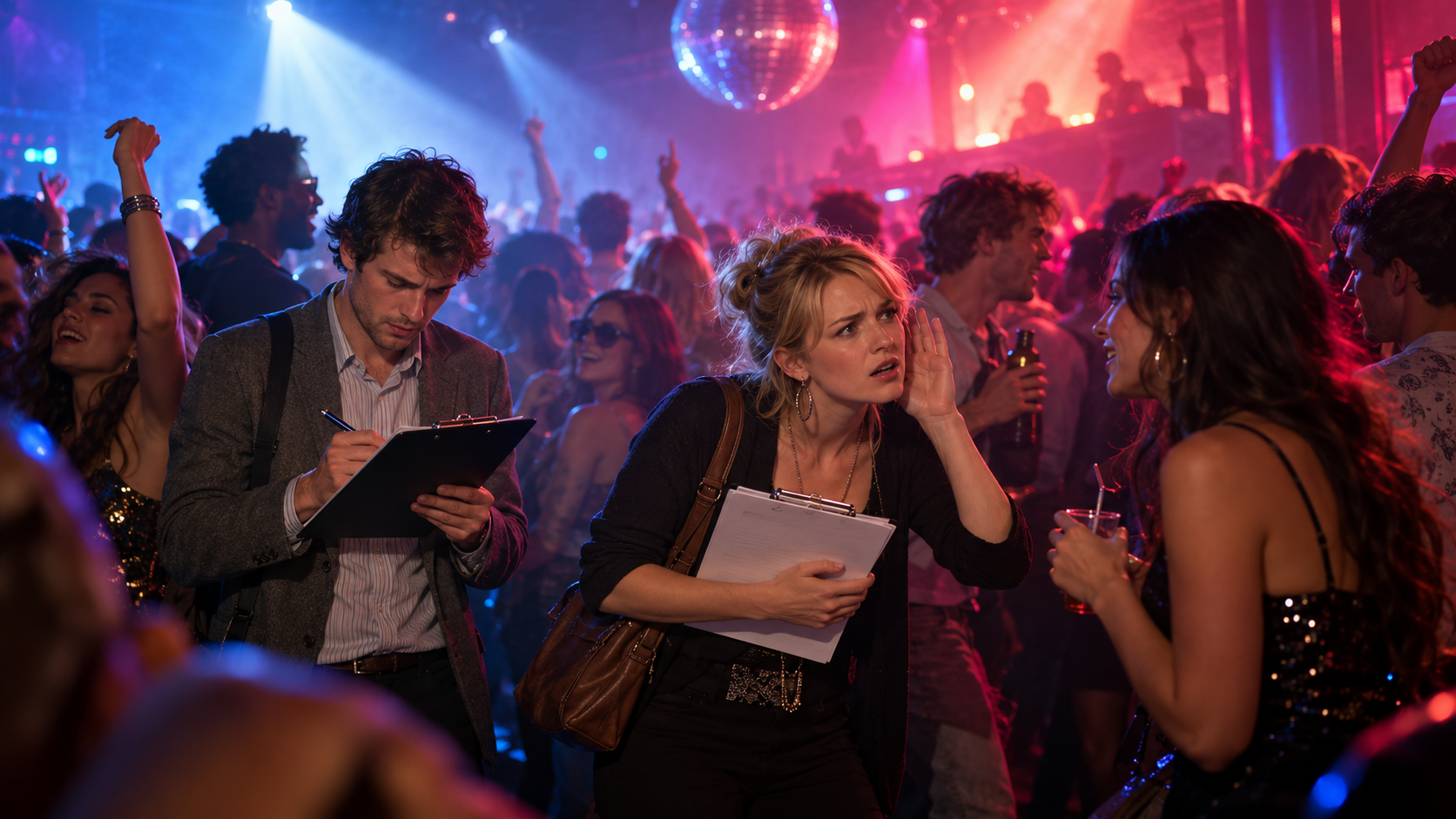 Two postgraduate students trying to conduct questionnaire research in a crowded nightclub, illustrating the challenges of fieldwork in a noisy environment