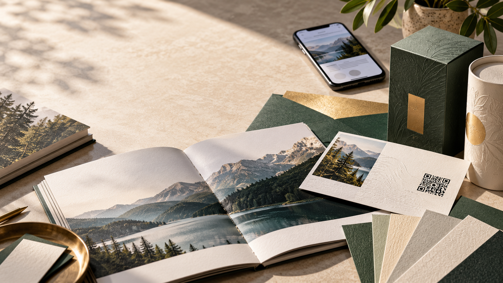 Premium printed materials, textured paper, packaging and a QR-enabled card alongside a smartphone, illustrating print as part of a multichannel marketing mix