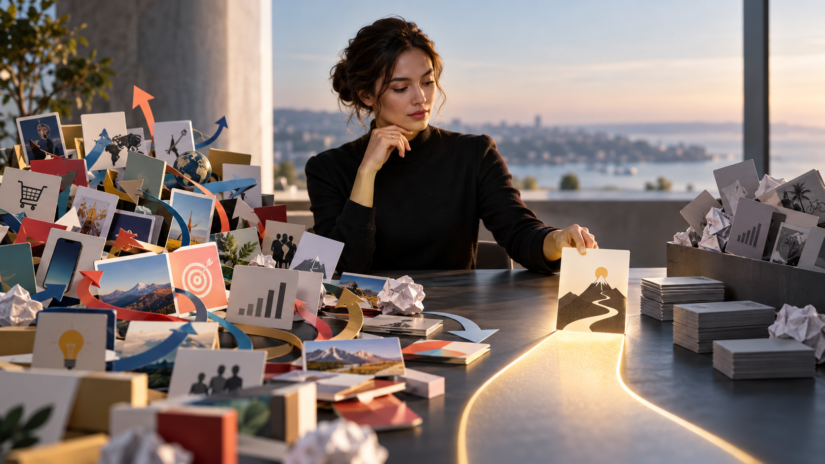 A marketer choosing one clear path from many competing opportunities, illustrating strategic focus and the importance of saying no