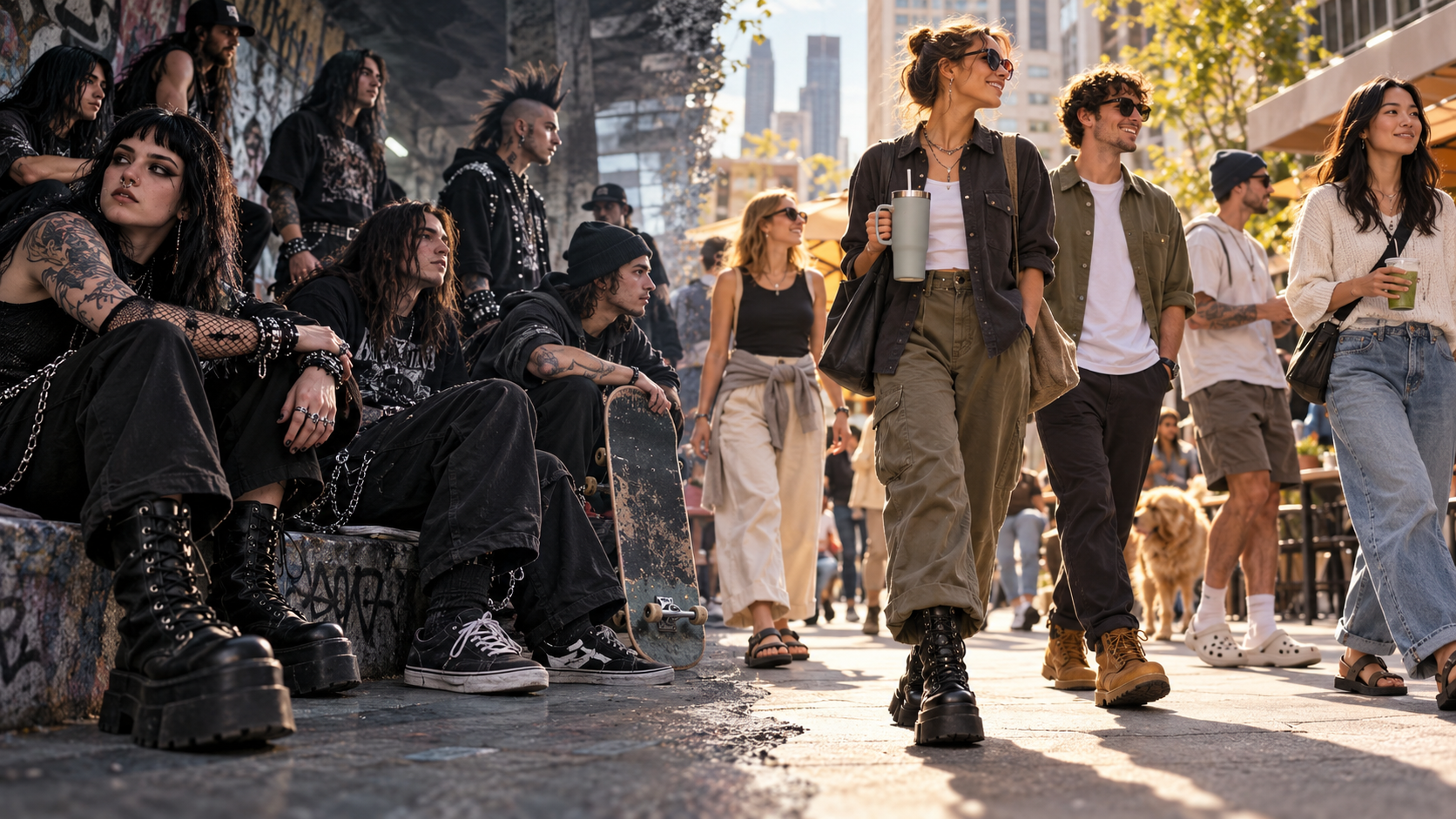 Alternative and mainstream fashion styles side by side, illustrating how countercultural aesthetics can become mainstream